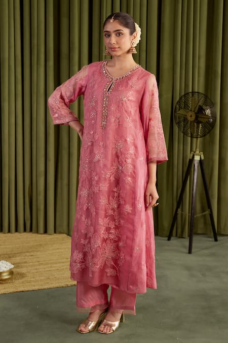 Shop_One Not Two_Pink Organza, Viscose, Satin Sequins, Floral Embroidered Anarkali Kurta Set _at_Aza_Fashions