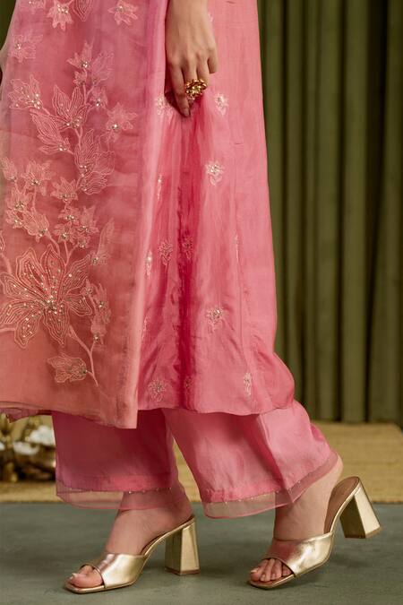 Buy_One Not Two_Pink Organza, Viscose, Satin Sequins, Floral Embroidered Anarkali Kurta Set _Online_at_Aza_Fashions