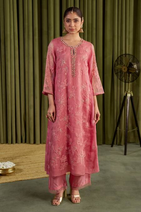 Shop_One Not Two_Pink Organza, Viscose, Satin Sequins, Floral Embroidered Anarkali Kurta Set _Online_at_Aza_Fashions