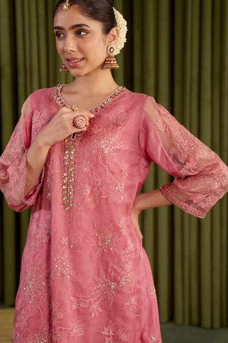 One Not Two_Pink Organza, Viscose, Satin Sequins, Floral Embroidered Anarkali Kurta Set _at_Aza_Fashions