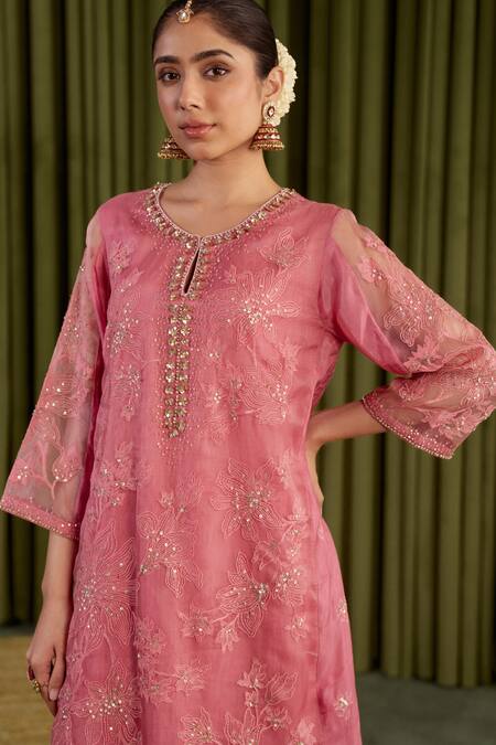 Buy_One Not Two_Pink Organza, Viscose, Satin Sequins, Floral Embroidered Anarkali Kurta Set 
