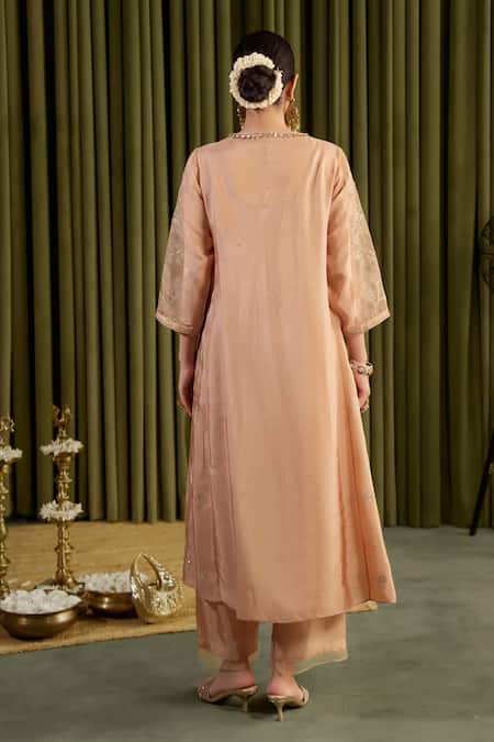 Shop_One Not Two_Beige Organza, Viscose, Satin Embroidery, Crystals, Floral Anarkali Set _at_Aza_Fashions