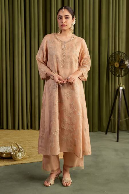 One Not Two_Beige Organza, Viscose, Satin Embroidery, Crystals, Floral Anarkali Set _Online_at_Aza_Fashions