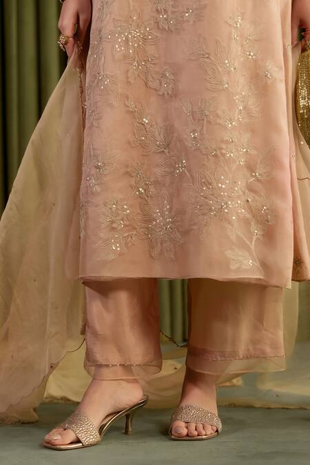 Buy_One Not Two_Beige Organza, Viscose, Satin Embroidery, Crystals, Floral Anarkali Set _Online_at_Aza_Fashions