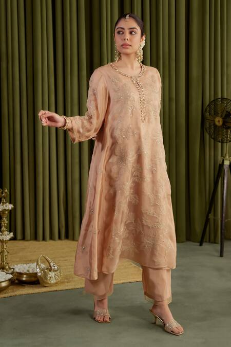 Shop_One Not Two_Beige Organza, Viscose, Satin Embroidery, Crystals, Floral Anarkali Set _Online_at_Aza_Fashions