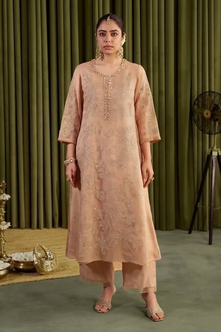 One Not Two_Beige Organza, Viscose, Satin Embroidery, Crystals, Floral Anarkali Set _at_Aza_Fashions