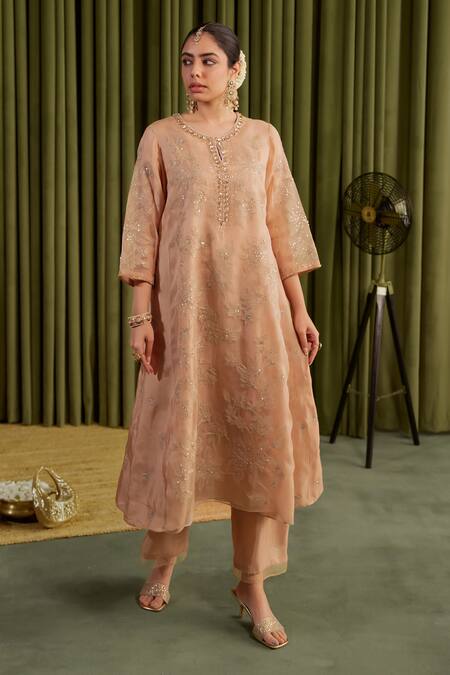 Buy_One Not Two_Beige Organza, Viscose, Satin Embroidery, Crystals, Floral Anarkali Set 