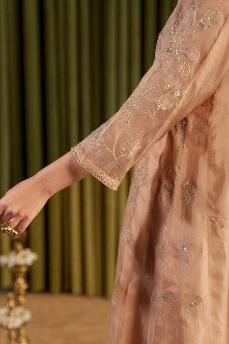 Shop_One Not Two_Beige Organza, Viscose, Satin Embroidery, Crystals, Floral Anarkali Set 