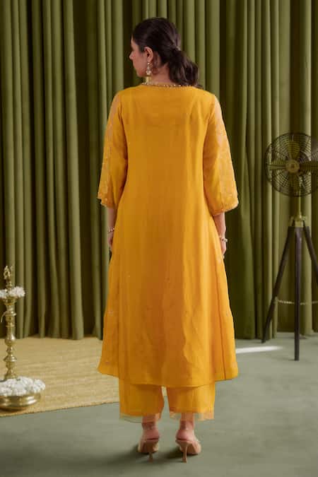 Shop One Not Two Yellow Organza, Viscose, Satin Sequins, Beads, Golden Floral Anarkali Set at Aza Fashions Shop_One Not Two_Yellow Organza, Viscose, Satin Sequins, Beads, Golden Floral Anarkali Set _at_Aza_Fashions