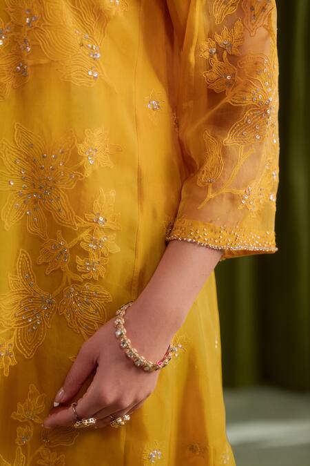 One Not Two Yellow Organza, Viscose, Satin Sequins, Beads, Golden Floral Anarkali Set at Aza Fashions One Not Two_Yellow Organza, Viscose, Satin Sequins, Beads, Golden Floral Anarkali Set _at_Aza_Fashions