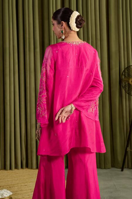 One Not Two Pink Silk Embroidery, Beads, Sequins, Crystals V-neck Hot Sharara Set Online at Aza Fashions One Not Two_Pink Silk Embroidery, Beads, Sequins, Crystals V-neck Hot Sharara Set _Online_at_Aza_Fashions