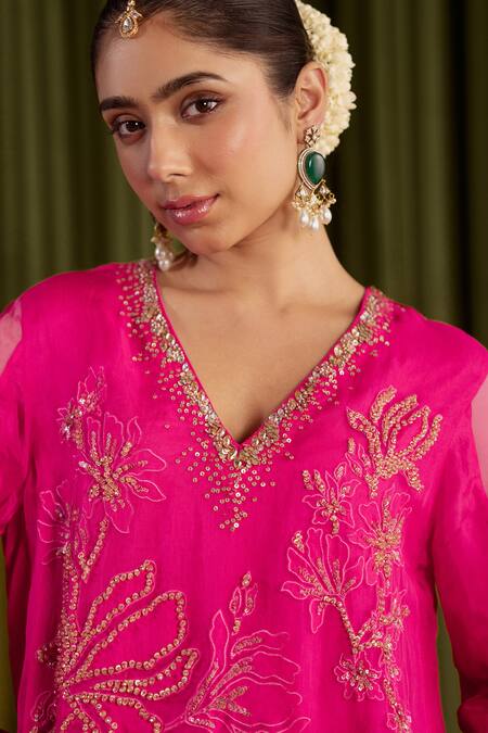 Buy One Not Two Pink Silk Embroidery, Beads, Sequins, Crystals V-neck Hot Sharara Set Online at Aza Fashions Buy_One Not Two_Pink Silk Embroidery, Beads, Sequins, Crystals V-neck Hot Sharara Set _Online_at_Aza_Fashions