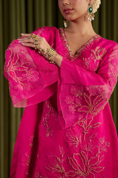 Shop One Not Two Pink Silk Embroidery, Beads, Sequins, Crystals V-neck Hot Sharara Set Online at Aza Fashions Shop_One Not Two_Pink Silk Embroidery, Beads, Sequins, Crystals V-neck Hot Sharara Set _Online_at_Aza_Fashions