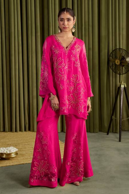 One Not Two Pink Silk Embroidery, Beads, Sequins, Crystals V-neck Hot Sharara Set at Aza Fashions One Not Two_Pink Silk Embroidery, Beads, Sequins, Crystals V-neck Hot Sharara Set _at_Aza_Fashions