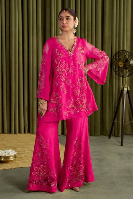 Buy One Not Two Pink Silk Embroidery, Beads, Sequins, Crystals V-neck Hot Sharara Set Buy_One Not Two_Pink Silk Embroidery, Beads, Sequins, Crystals V-neck Hot Sharara Set