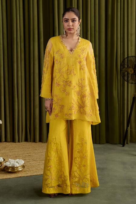 One Not Two Yellow Silk Sequins, Beads, Embroidery V-neck Mango Floral Applique Sharara Set Online at Aza Fashions One Not Two_Yellow Silk Sequins, Beads, Embroidery V-neck Mango Floral Applique Sharara Set _Online_at_Aza_Fashions