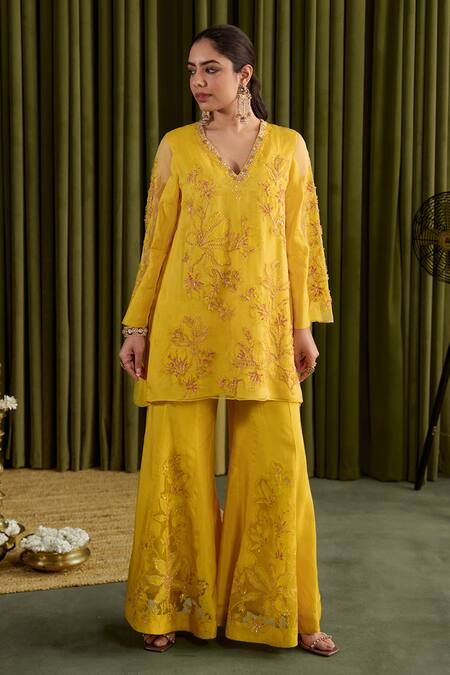 Buy One Not Two Yellow Silk Sequins, Beads, Embroidery V-neck Mango Floral Applique Sharara Set Online at Aza Fashions Buy_One Not Two_Yellow Silk Sequins, Beads, Embroidery V-neck Mango Floral Applique Sharara Set _Online_at_Aza_Fashions