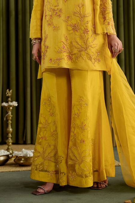 Shop One Not Two Yellow Silk Sequins, Beads, Embroidery V-neck Mango Floral Applique Sharara Set Online at Aza Fashions Shop_One Not Two_Yellow Silk Sequins, Beads, Embroidery V-neck Mango Floral Applique Sharara Set _Online_at_Aza_Fashions