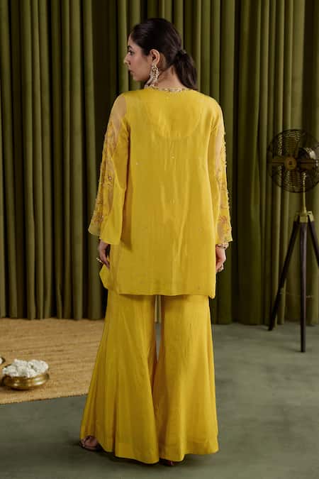 Shop One Not Two Yellow Silk Sequins, Beads, Embroidery V-neck Mango Floral Applique Sharara Set at Aza Fashions Shop_One Not Two_Yellow Silk Sequins, Beads, Embroidery V-neck Mango Floral Applique Sharara Set _at_Aza_Fashions