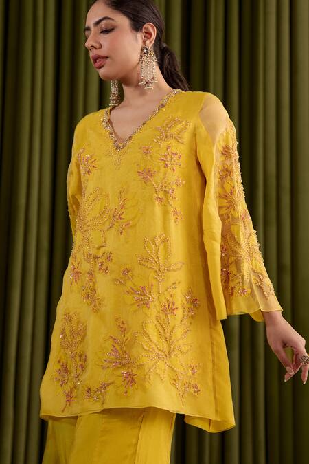 One Not Two Yellow Silk Sequins, Beads, Embroidery V-neck Mango Floral Applique Sharara Set at Aza Fashions One Not Two_Yellow Silk Sequins, Beads, Embroidery V-neck Mango Floral Applique Sharara Set _at_Aza_Fashions