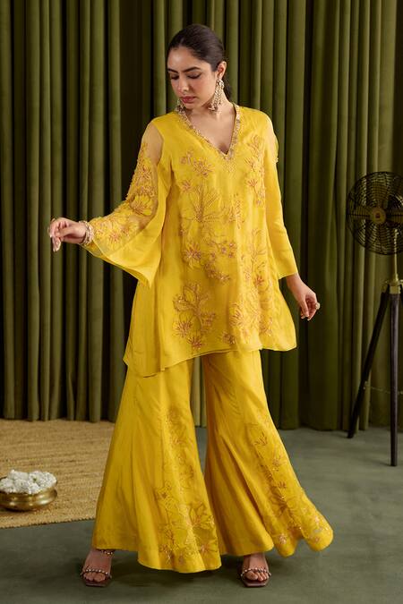Buy One Not Two Yellow Silk Sequins, Beads, Embroidery V-neck Mango Floral Applique Sharara Set Buy_One Not Two_Yellow Silk Sequins, Beads, Embroidery V-neck Mango Floral Applique Sharara Set