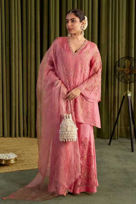 One Not Two Pink Silk Embroidery, Sequins, Beads V-neck Magnolia Sharara Set Online at Aza Fashions One Not Two_Pink Silk Embroidery, Sequins, Beads V-neck Magnolia Sharara Set _Online_at_Aza_Fashions
