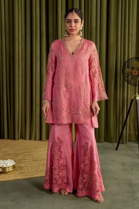 Buy One Not Two Pink Silk Embroidery, Sequins, Beads V-neck Magnolia Sharara Set Online at Aza Fashions Buy_One Not Two_Pink Silk Embroidery, Sequins, Beads V-neck Magnolia Sharara Set _Online_at_Aza_Fashions