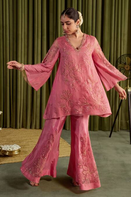 Shop One Not Two Pink Silk Embroidery, Sequins, Beads V-neck Magnolia Sharara Set Online at Aza Fashions Shop_One Not Two_Pink Silk Embroidery, Sequins, Beads V-neck Magnolia Sharara Set _Online_at_Aza_Fashions