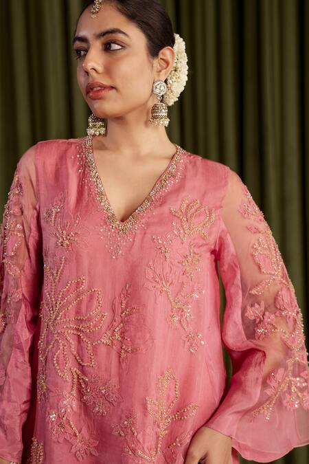 Buy One Not Two Pink Silk Embroidery, Sequins, Beads V-neck Magnolia Sharara Set Buy_One Not Two_Pink Silk Embroidery, Sequins, Beads V-neck Magnolia Sharara Set