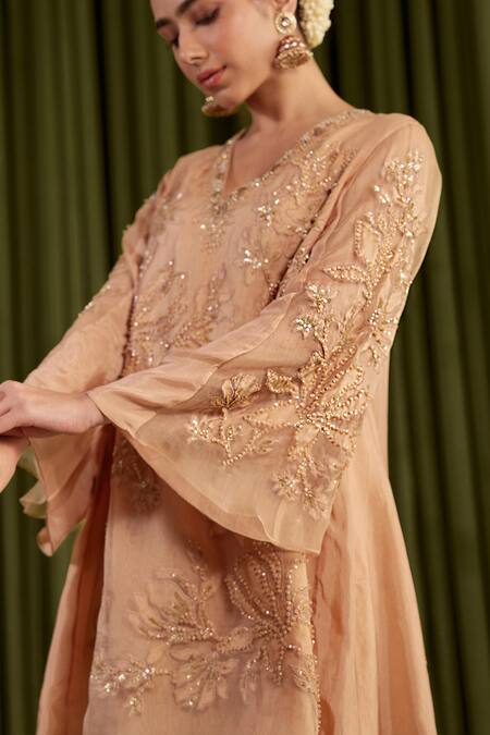 One Not Two Beige Silk Crystals, Sequins, Beads Embroidered Magnolia Flower Sharara Set Online at Aza Fashions One Not Two_Beige Silk Crystals, Sequins, Beads Embroidered Magnolia Flower Sharara Set _Online_at_Aza_Fashions