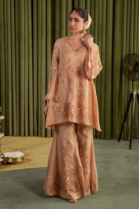 Buy One Not Two Beige Silk Crystals, Sequins, Beads Embroidered Magnolia Flower Sharara Set Online at Aza Fashions Buy_One Not Two_Beige Silk Crystals, Sequins, Beads Embroidered Magnolia Flower Sharara Set _Online_at_Aza_Fashions