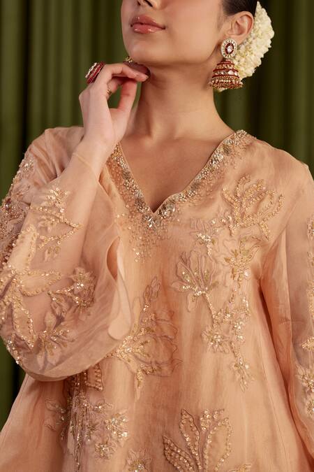 Shop One Not Two Beige Silk Crystals, Sequins, Beads Embroidered Magnolia Flower Sharara Set Online at Aza Fashions Shop_One Not Two_Beige Silk Crystals, Sequins, Beads Embroidered Magnolia Flower Sharara Set _Online_at_Aza_Fashions