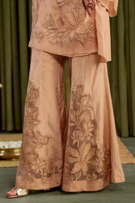 Buy One Not Two Beige Silk Crystals, Sequins, Beads Embroidered Magnolia Flower Sharara Set Buy_One Not Two_Beige Silk Crystals, Sequins, Beads Embroidered Magnolia Flower Sharara Set