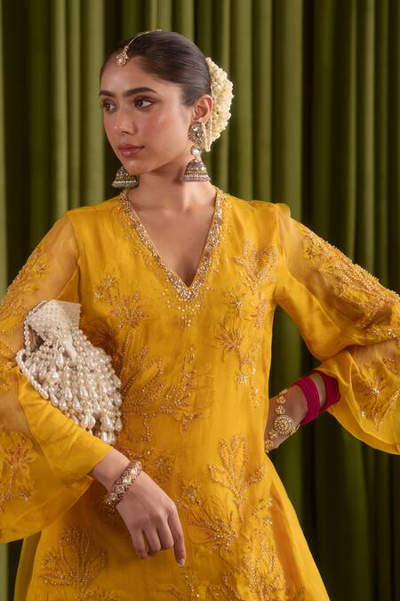 Buy One Not Two Yellow Silk Crystals, Sequins, Beads V-neck Floral Applique Sharara Set Online at Aza Fashions Buy_One Not Two_Yellow Silk Crystals, Sequins, Beads V-neck Floral Applique Sharara Set _Online_at_Aza_Fashions