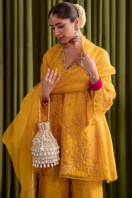 Shop One Not Two Yellow Silk Crystals, Sequins, Beads V-neck Floral Applique Sharara Set Online at Aza Fashions Shop_One Not Two_Yellow Silk Crystals, Sequins, Beads V-neck Floral Applique Sharara Set _Online_at_Aza_Fashions