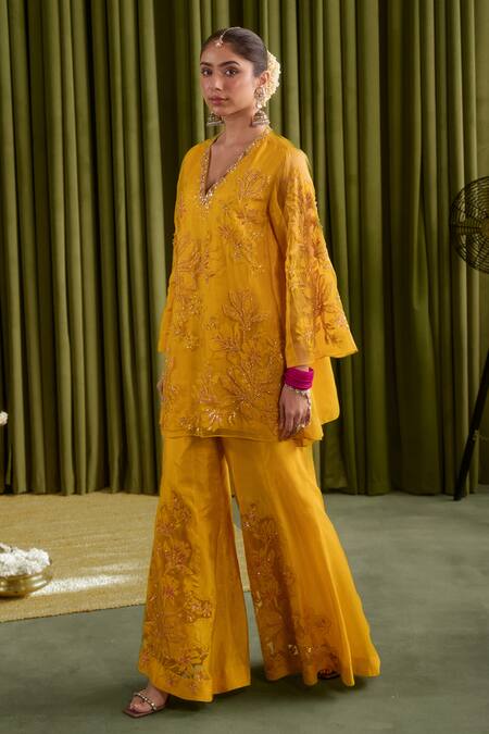 Buy One Not Two Yellow Silk Crystals, Sequins, Beads V-neck Floral Applique Sharara Set Buy_One Not Two_Yellow Silk Crystals, Sequins, Beads V-neck Floral Applique Sharara Set