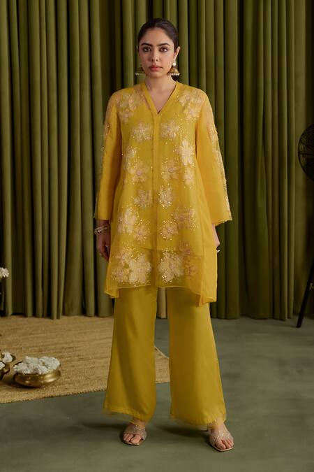 Buy One Not Two Yellow Silk, Organza, Satin, Cotton Sequins, Embroidered Floral Mango Kurta Set Online at Aza Fashions Buy_One Not Two_Yellow Silk, Organza, Satin, Cotton Sequins, Embroidered Floral Mango Kurta Set _Online_at_Aza_Fashions