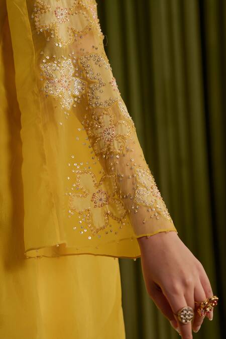 Shop One Not Two Yellow Silk, Organza, Satin, Cotton Sequins, Embroidered Floral Mango Kurta Set Online at Aza Fashions Shop_One Not Two_Yellow Silk, Organza, Satin, Cotton Sequins, Embroidered Floral Mango Kurta Set _Online_at_Aza_Fashions