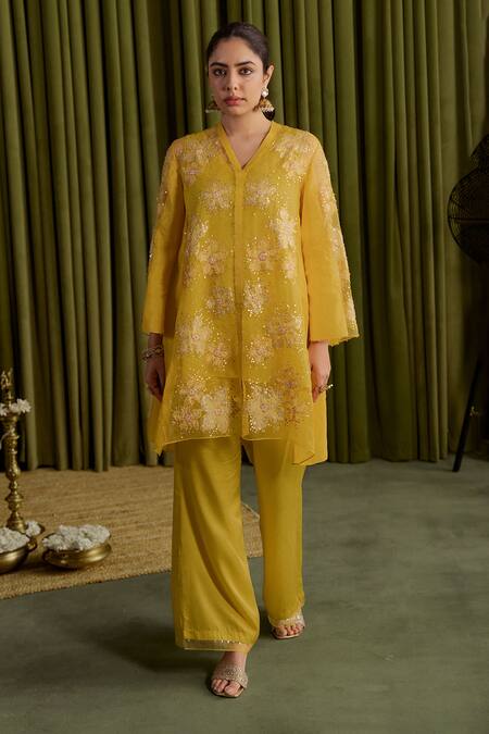 One Not Two Yellow Silk, Organza, Satin, Cotton Sequins, Embroidered Floral Mango Kurta Set at Aza Fashions One Not Two_Yellow Silk, Organza, Satin, Cotton Sequins, Embroidered Floral Mango Kurta Set _at_Aza_Fashions