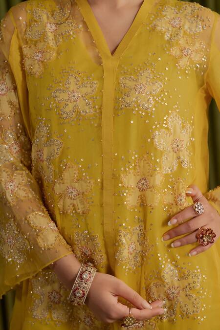 Buy One Not Two Yellow Silk, Organza, Satin, Cotton Sequins, Embroidered Floral Mango Kurta Set Buy_One Not Two_Yellow Silk, Organza, Satin, Cotton Sequins, Embroidered Floral Mango Kurta Set