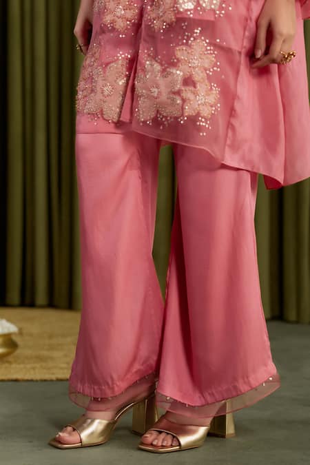 One Not Two Pink Silk, Organza, Satin Embroidery V-neck Floral Kurta Set Online at Aza Fashions One Not Two_Pink Silk, Organza, Satin Embroidery V-neck Floral Kurta Set _Online_at_Aza_Fashions