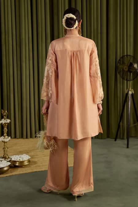 Shop One Not Two Beige Silk, Organza, Satin Embroidery, Sequins V-neck Kurta Set at Aza Fashions Shop_One Not Two_Beige Silk, Organza, Satin Embroidery, Sequins V-neck Kurta Set _at_Aza_Fashions