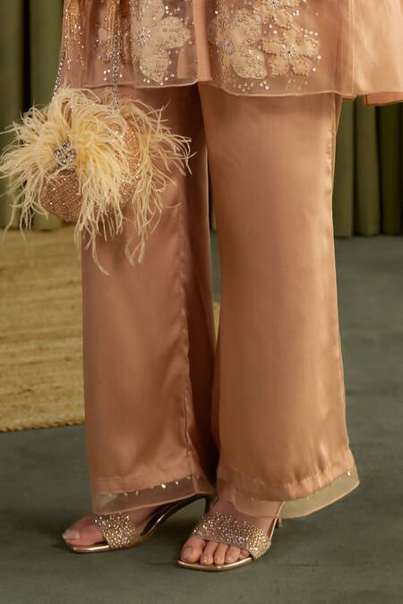 One Not Two Beige Silk, Organza, Satin Embroidery, Sequins V-neck Kurta Set Online at Aza Fashions One Not Two_Beige Silk, Organza, Satin Embroidery, Sequins V-neck Kurta Set _Online_at_Aza_Fashions