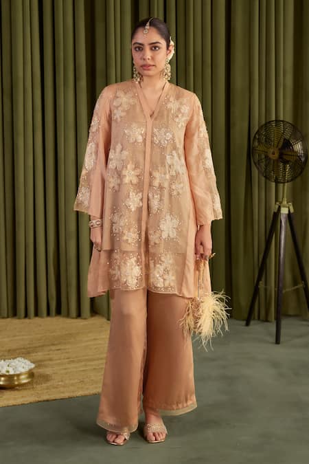 Buy One Not Two Beige Silk, Organza, Satin Embroidery, Sequins V-neck Kurta Set Online at Aza Fashions Buy_One Not Two_Beige Silk, Organza, Satin Embroidery, Sequins V-neck Kurta Set _Online_at_Aza_Fashions