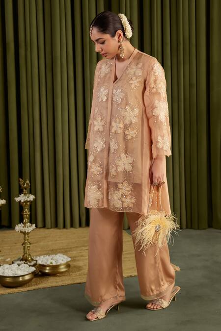 Shop One Not Two Beige Silk, Organza, Satin Embroidery, Sequins V-neck Kurta Set Online at Aza Fashions Shop_One Not Two_Beige Silk, Organza, Satin Embroidery, Sequins V-neck Kurta Set _Online_at_Aza_Fashions