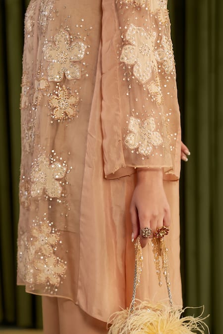 Buy One Not Two Beige Silk, Organza, Satin Embroidery, Sequins V-neck Kurta Set Buy_One Not Two_Beige Silk, Organza, Satin Embroidery, Sequins V-neck Kurta Set