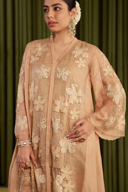 Shop One Not Two Beige Silk, Organza, Satin Embroidery, Sequins V-neck Kurta Set Shop_One Not Two_Beige Silk, Organza, Satin Embroidery, Sequins V-neck Kurta Set