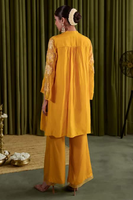 Shop One Not Two Yellow Silk, Organza, Satin, Cotton Embroidery V-neck Floral Applique Kurta Set at Aza Fashions Shop_One Not Two_Yellow Silk, Organza, Satin, Cotton Embroidery V-neck Floral Applique Kurta Set _at_Aza_Fashions