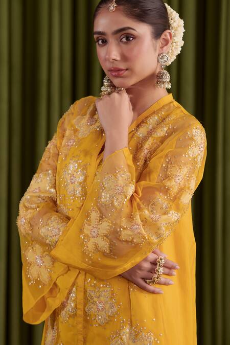 Buy One Not Two Yellow Silk, Organza, Satin, Cotton Embroidery V-neck Floral Applique Kurta Set Buy_One Not Two_Yellow Silk, Organza, Satin, Cotton Embroidery V-neck Floral Applique Kurta Set