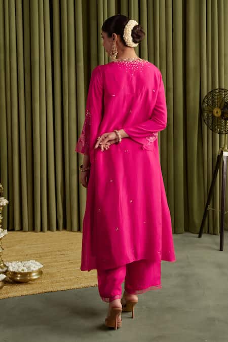 Shop_One Not Two_Pink Silk, Satin Crystals, Sequins Round Neck Hot Embroidered Kurta Set _at_Aza_Fashions